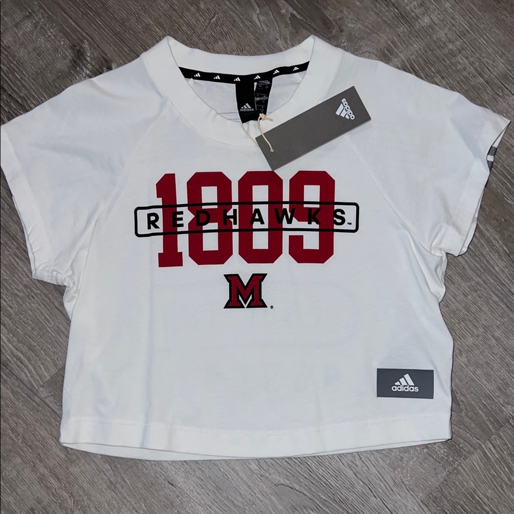 adidas Miami University White Cropped T‑Shirt with Redhawks ‘1809’ Graphic